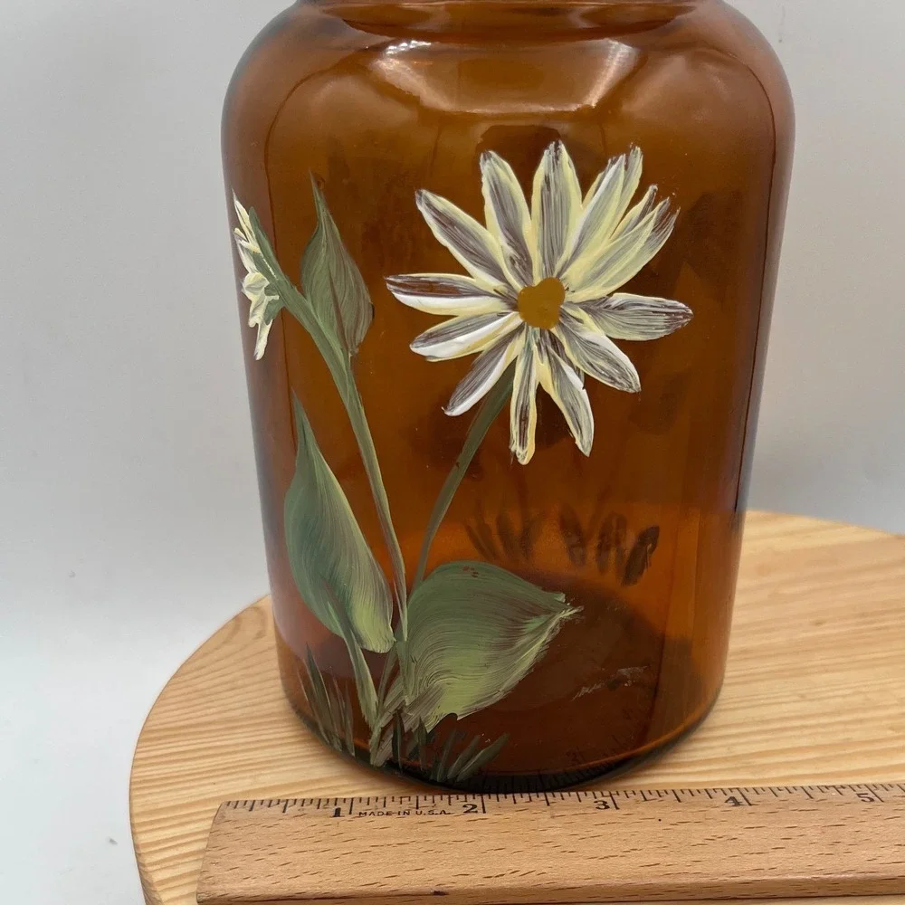 Vtg Belgian Amber Glass Jar Bubble Lid Hand Painted Daisy Storage Mid Century